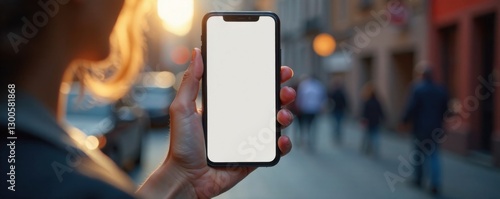 Female hand holding mobile phone with empty screen display, focus, still life