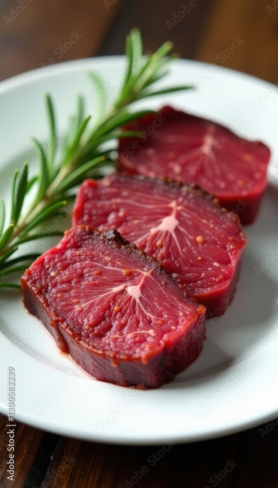 Raw beef short rib slices with rosemary sprig on white plate, sprig, background, slice Raw beef short rib slices with rosemary sprig on white plate, sprig, background, slice