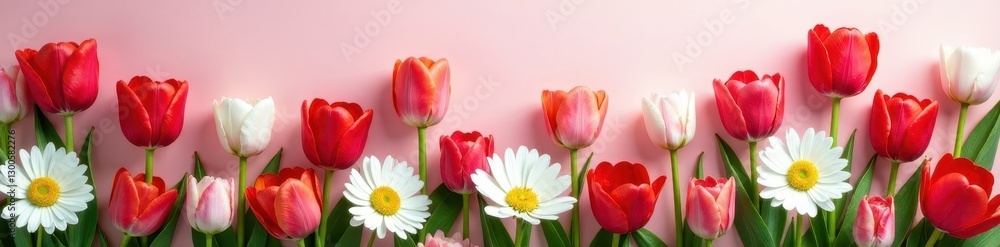 Red and white tulips & daisies, vibrant floral backdrop, macro, floral Red and white tulips & daisies, vibrant floral backdrop, macro, floral