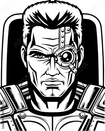 Steampunk engineer meets cyberpunk in retrofuturistic tech SVG vector. Futuristic Cybernetic Character with Mechanical Eye and Bold Features