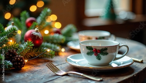 Frosty spruce table with Christmas-themed breakfast dishes and fairy lights, white background, winter fruit salad