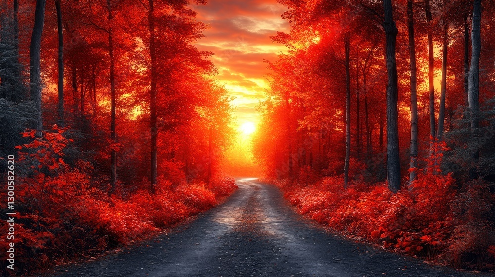 Obraz premium Autumn forest road at sunset; vibrant colors, pathway through trees. Possible use Stock photo for nature, travel, adventure, or motivational themes
