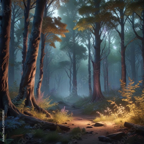 Glowing ethereal forest landscape with iridescent tree trunks and glowing foliage,  nature, ,  luminous