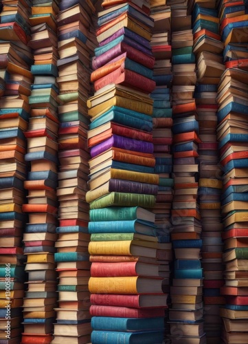 Hand-drawn illustration of a tower of colorful books stacked high,  literature, book tower,  shelves