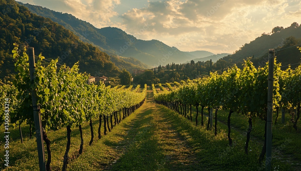 Naklejka premium A scenic pathway through a lush green vineyard landscape scene