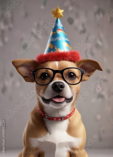 Happy pup donning tiny glasses and festive party hat,  holiday,  accessory,  costume