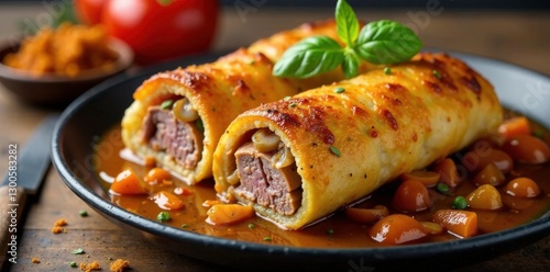 Hearty Swabian Maultasche filled with meat and onions served in a savory pan sauce, dish, onions