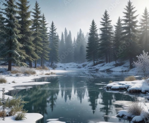 Icy landscape with snowflakes gently falling on a frozen pond surrounded by evergreen trees,  snowflake,  evergreen