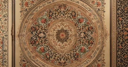Intricate floral patterns adorning a traditional Islamic-style manuscript page,  manuscripts,  ancient art,  illuminated pages