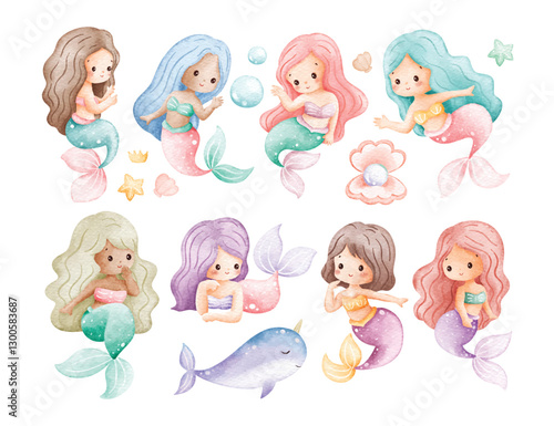 Watercolor Illustration Set of Cute Mermaid in Pastel Color