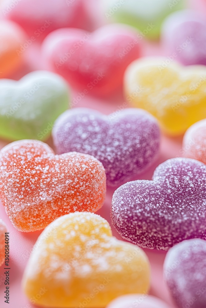A pile of translucent heart gummies with a delicious sugary finish. A pile of translucent heart gummies with a delicious sugary finish.
