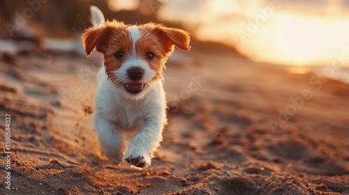 A small dog is running on the beach