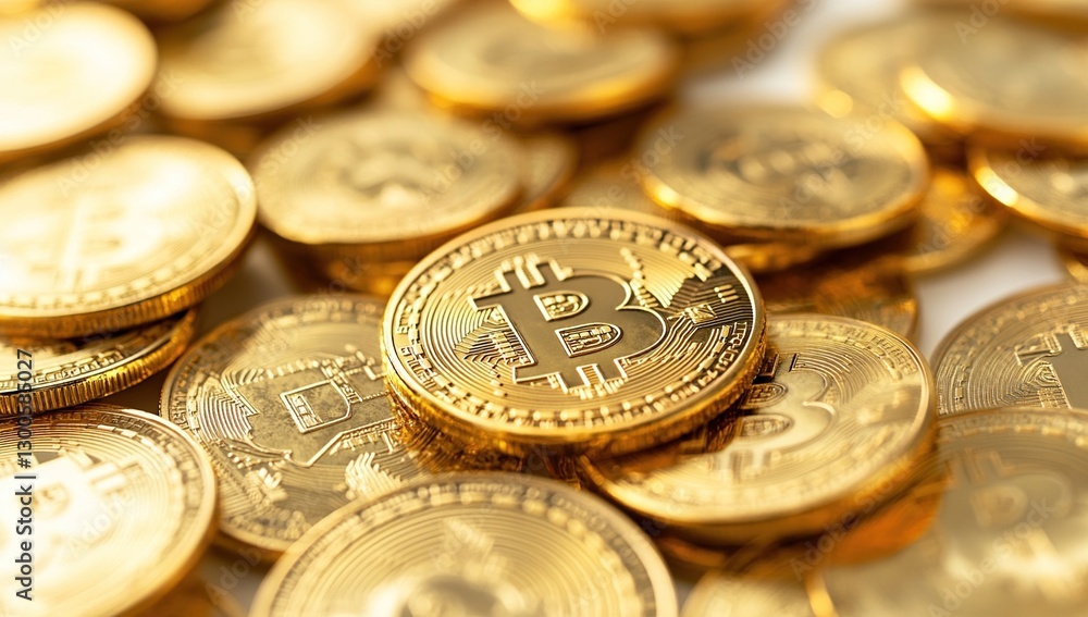 Close Up of Gold Bitcoin Coins Piled High Close Up of Gold Bitcoin Coins Piled High