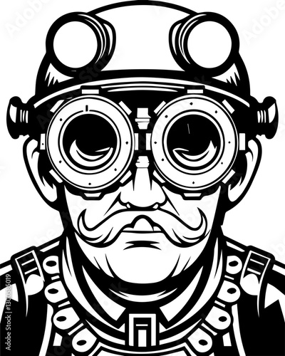 SVG vector showcases steampunk inventors and engineers. Steampunk Character with Goggles and Machinery Inspired Accessories
