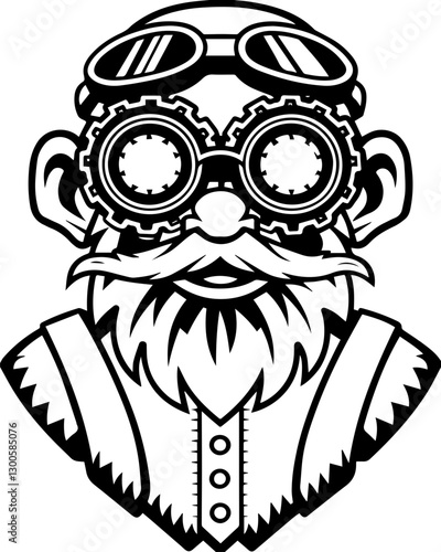 SVG vector showcases steampunk inventors and engineers. Vintage Steampunk Character with Goggles and Beard Illustration