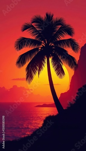 Sleek, black palm tree silhouette against vibrant sunset, silhouette, design, palm frond