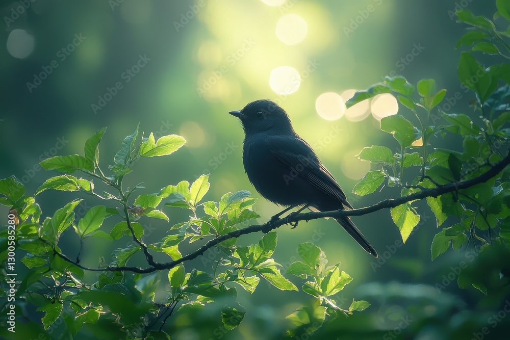 a bird sitting on a tree branch, surrounded by lush greenery. It's bathed in a gentle, warm glow from the sunlight a bird sitting on a tree branch, surrounded by lush greenery. It's bathed in a gentle, warm glow from the sunlight