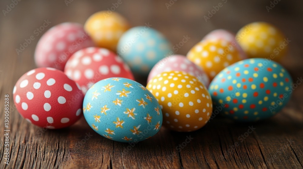 Colorful patterned eggs resting on a rustic wooden table, celebrating the joy and vibrancy of the Easter holiday Colorful patterned eggs resting on a rustic wooden table, celebrating the joy and vibrancy of the Easter holiday