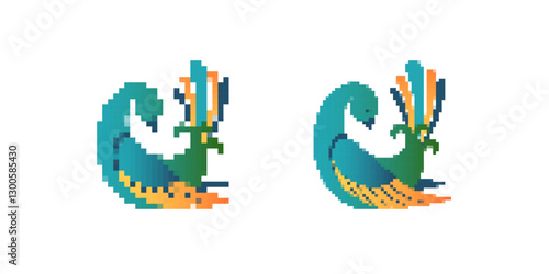 A stylized pixel art bird features a colorful array of vibrant feathers, showcasing artistic detail.