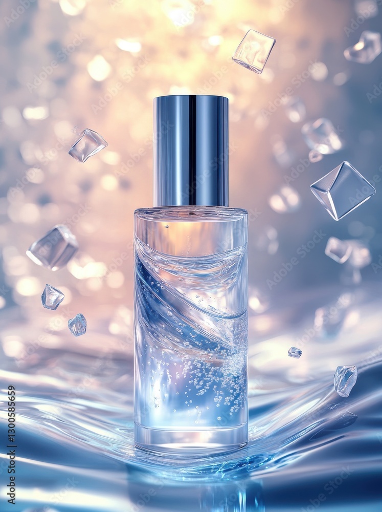 Essence of luxury captured in a transparent serum bottle enhanced by swirling liquid patterns and ethereal light amid geometric forms Essence of luxury captured in a transparent serum bottle enhanced by swirling liquid patterns and ethereal light amid geometric forms