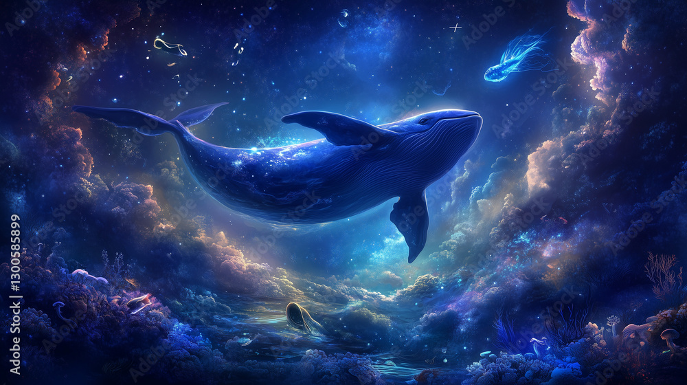 Obraz premium Glowing sea creature drifting in deep waters, a serene underwater encounter revealing nature's hidden wonders.