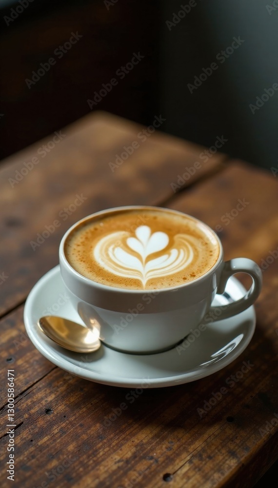 Fototapeta premium Richly foamed coffee sits atop a rustic wooden table, coffee, cafe