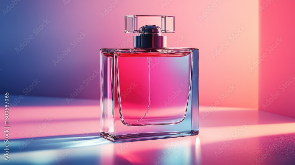 Captivating glass bottle with vibrant pink and blue lighting showcasing an elegant fragrance on a smooth surface Captivating glass bottle with vibrant pink and blue lighting showcasing an elegant fragrance on a smooth surface