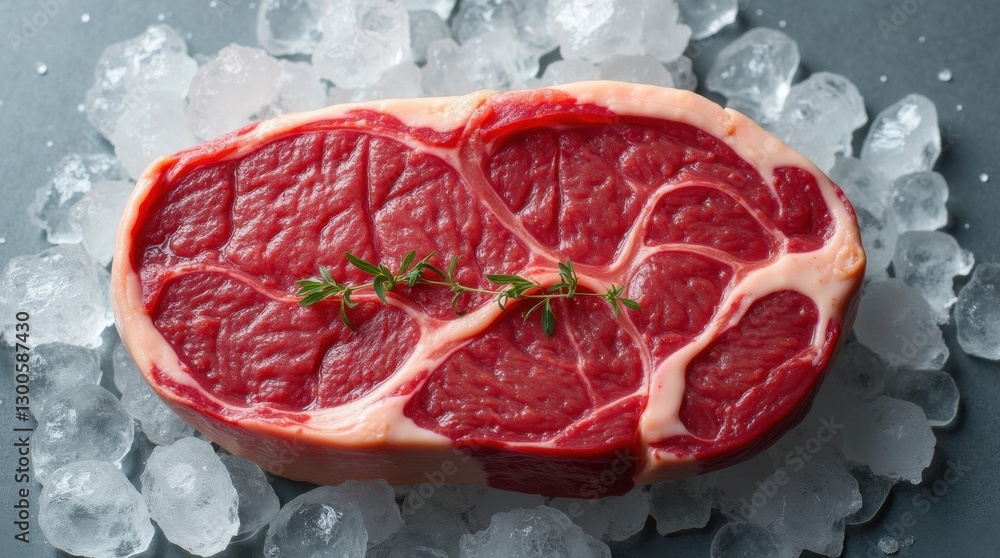 Hyper realistic depiction of succulent raw steak resting on a bed of glistening ice with fragrant herbs accentuating its freshness Hyper realistic depiction of succulent raw steak resting on a bed of glistening ice with fragrant herbs accentuating its freshness