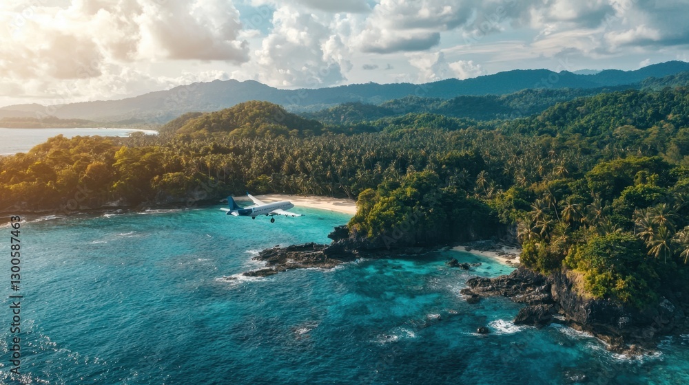 Fototapeta premium A beautiful beach with a small plane flying over it