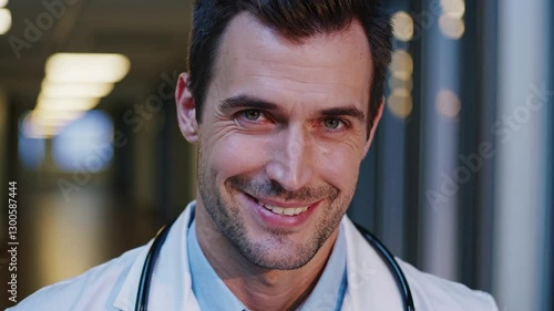 Doctor in hospital corridor smiles warmly, expressing confidence and positivity while wearing a stethoscope