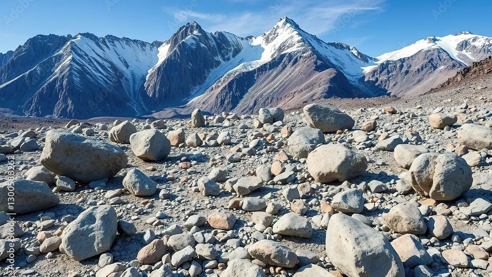 Obraz premium Boulders and rocks scattered across the Grand Jorasses plateau, mountains, natural formations