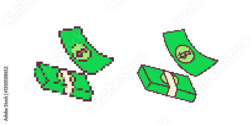 Bright green pixel art dollar bills and bundles with stylized dollar signs in a playful style.
