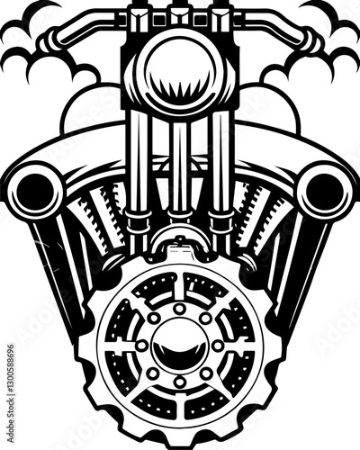 SVG vector features steampunk engineers, vehicles, and gadgets.Black and White Vintage Motorcycle Engine Illustration Design