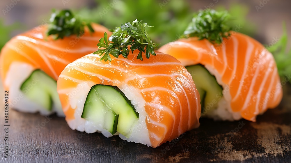 Salmon sushi roll with cucumber filling and garnish Salmon sushi roll with cucumber filling and garnish