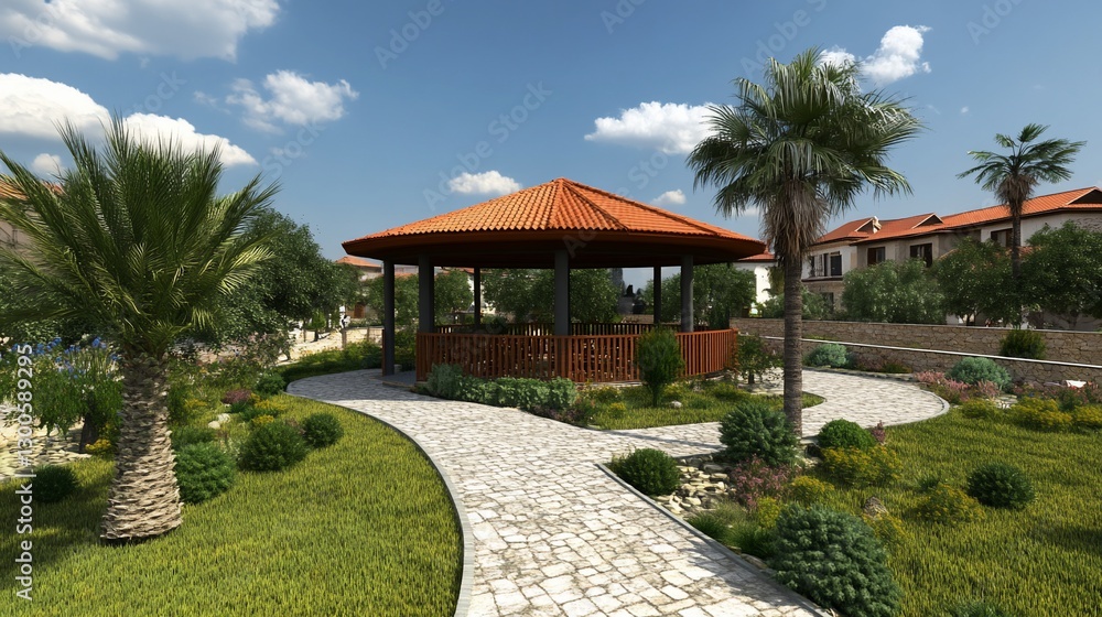 Sunny Gazebo Garden Path in Mediterranean Style Sunny Gazebo Garden Path in Mediterranean Style