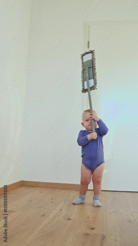 Little boy toddler washes the floor with a mop. Child helps clean the floor. Boy in a cotton bodysuit. Little boy toddler washes the floor with a mop. Child helps clean the floor. Boy in a cotton bodysuit.