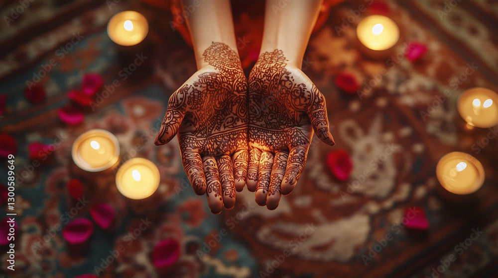 Obraz premium Mehndi, hands and feet decorated with henna floral and paisley motifs in beautiful dark brown, surrounded by small candles and rose petals, ai generated images.