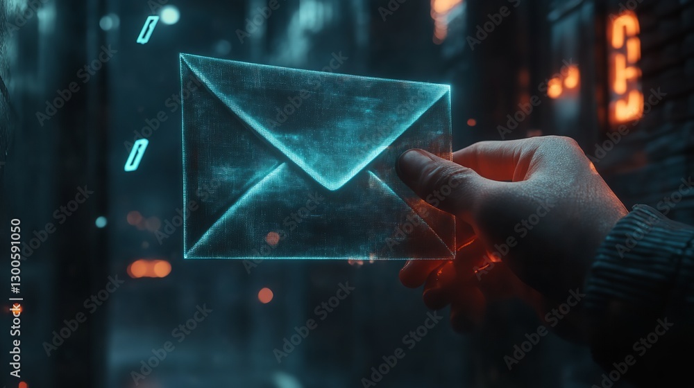 custom made wallpaper toronto digitalA Hand Receives A Futuristic Glowing Message, A Digital Letter Arriving In A Cyberpunk City With Dark, Vibrant Tones