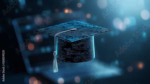A graduation cap floats above a glowing laptop, symbolizing online education and academic success in a digital age
