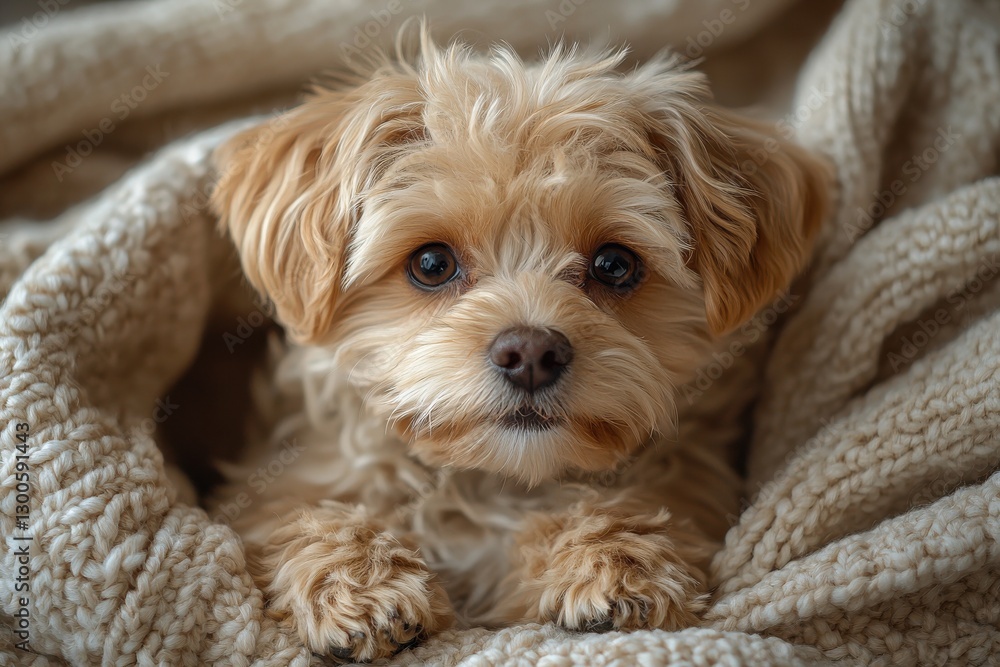 a charming puppy wrapped in a cozy blanket, looking straight at the camera with an innocent gaze a charming puppy wrapped in a cozy blanket, looking straight at the camera with an innocent gaze