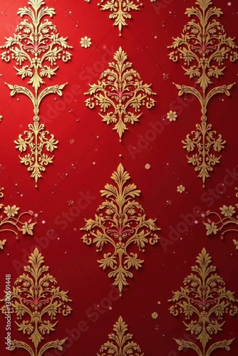 Elegant damask wallpaper with intricate gold leaf design and floral patterns, set against a rich red background , elegant, ornate