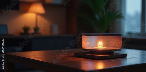 Elegant product on dark wooden table with soft glow from ambient light, minimalist decor, warm glow