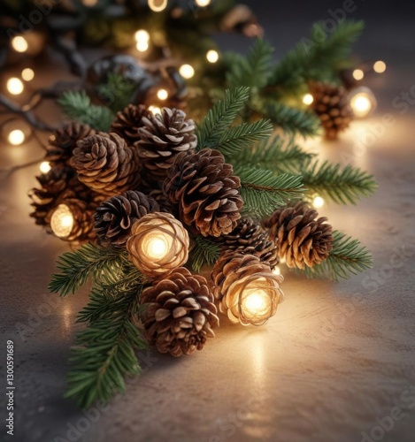  Fir branch Christmas decoration with pinecones and lights,  festive atmosphere, decorative fir branches,