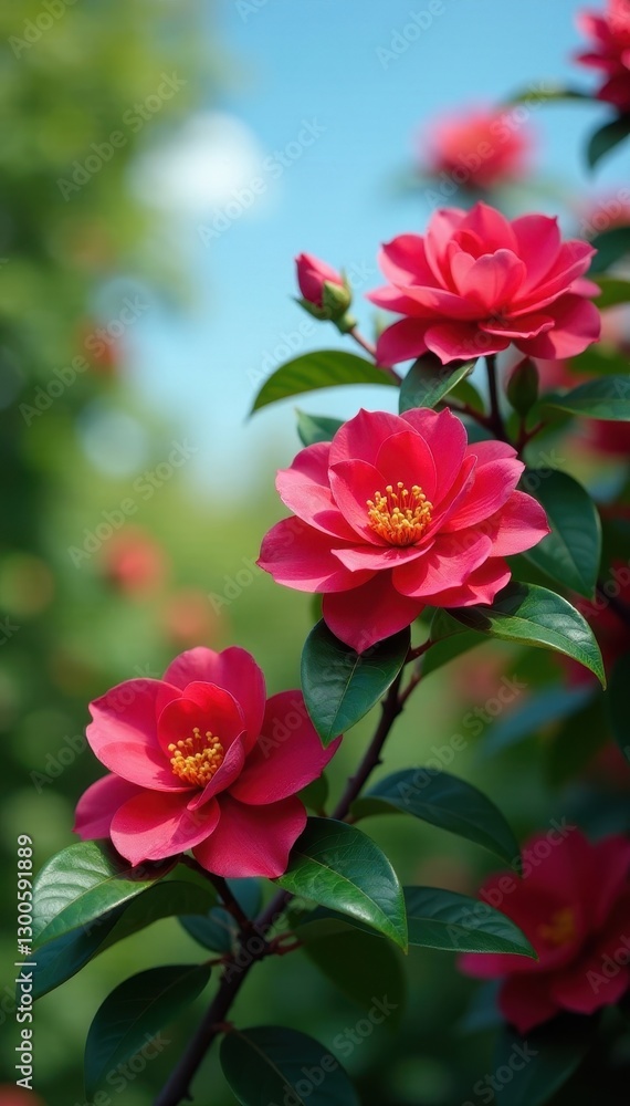 Vibrant red camellia blooms, lush green foliage, clear blue spring sky , green, floral, botany Vibrant red camellia blooms, lush green foliage, clear blue spring sky , green, floral, botany