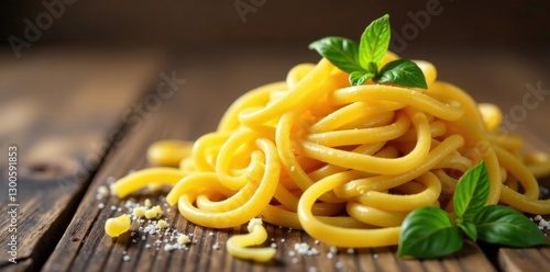 Freshly extruded pasta on a rustic wooden table , pastaperio, artisanal pasta