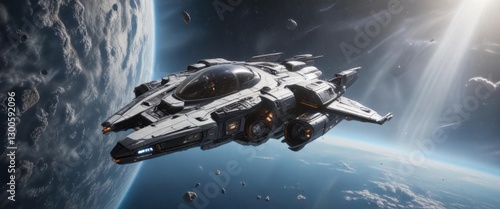 Futuristic spaceship floating in zero gravity,  galaxy, spacecraft,  futuristic