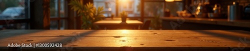 Golden glow falls on a bare wooden tabletop amidst a cafe's dark ambiance , wood, restaurant
