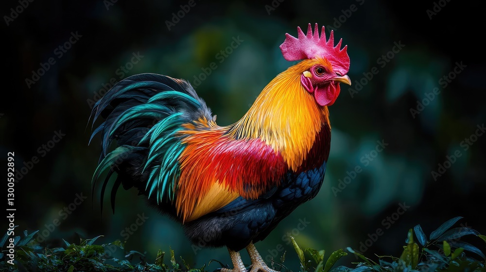 Fototapeta premium Colorful rooster in garden setting