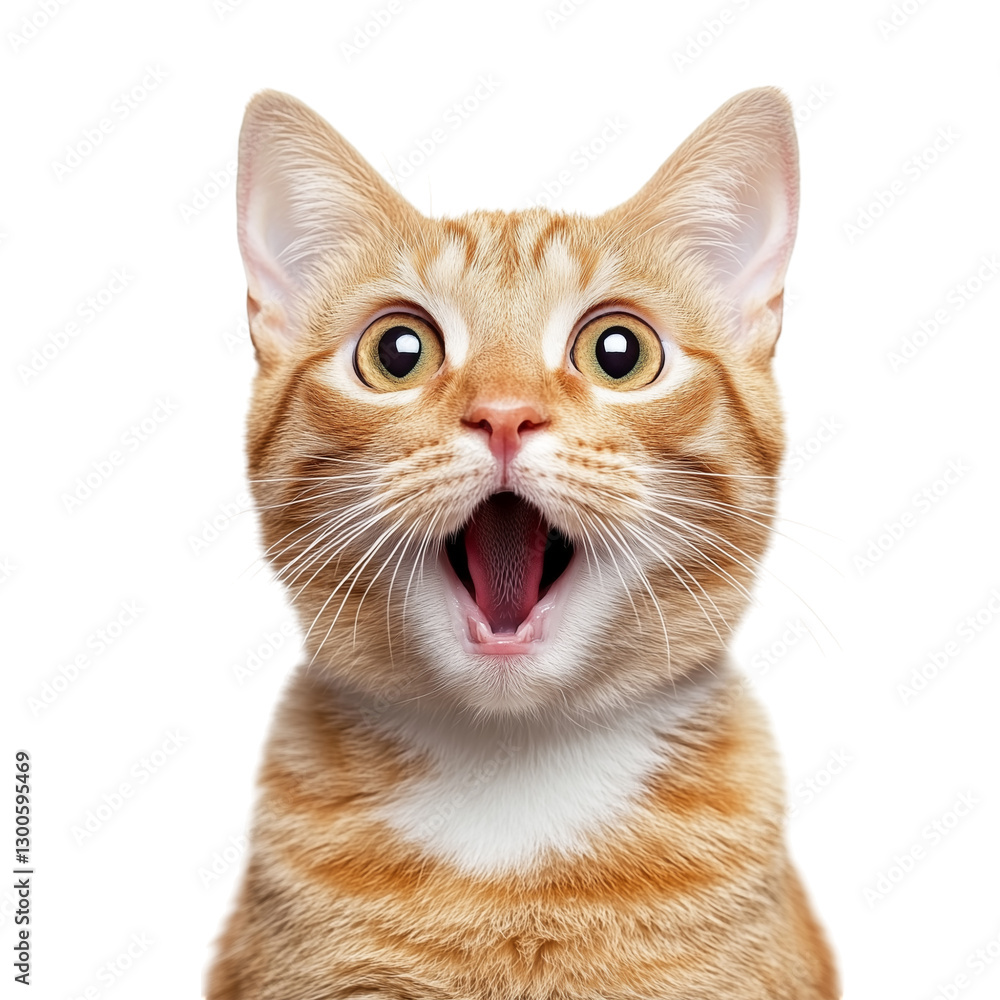 Orange cat with a surprised and shocked expression, its mouth open on transparent background Orange cat with a surprised and shocked expression, its mouth open on transparent background