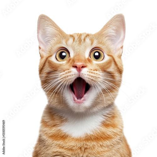 Orange cat with a surprised and shocked expression, its mouth open on transparent background